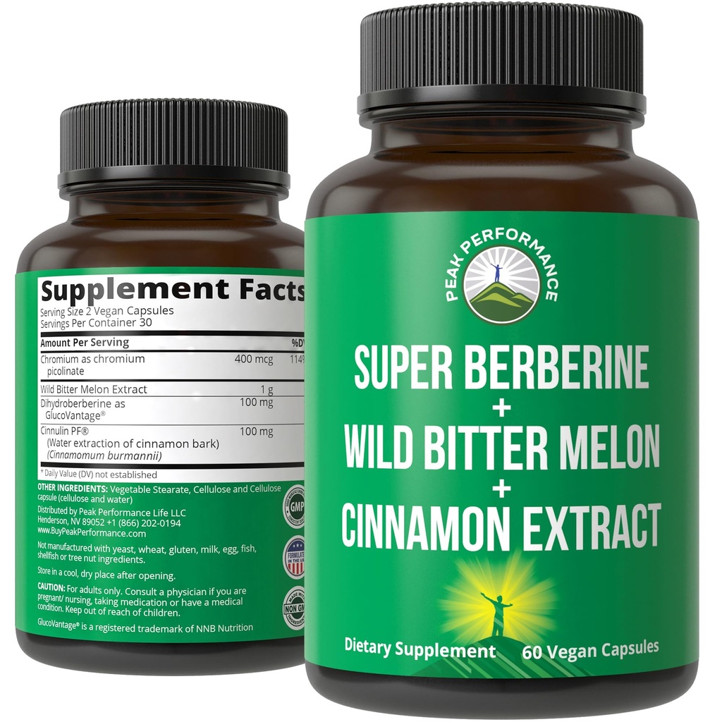 Ultra High Strength 4-in-1 Super Berberine Patented GlucoVantage + Wild Bitter Melon + Cinnamon Extract + Chromium Picolinate Vegan Capsules. Great Supplement to Support After-Meal Spikes and Energy
