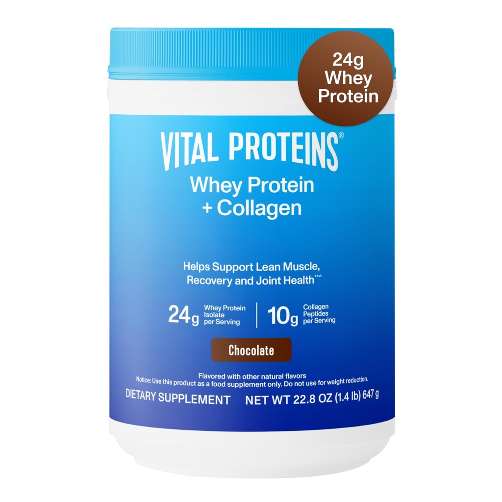 Vitale eiwitten Wei Proteïne Poeder + Collagen Peptiden, 24g Proteïne Ondersteuning van herstel & Joint Health, met vitamine C, ongeveer 16 porties - Chocolade 22.8oz