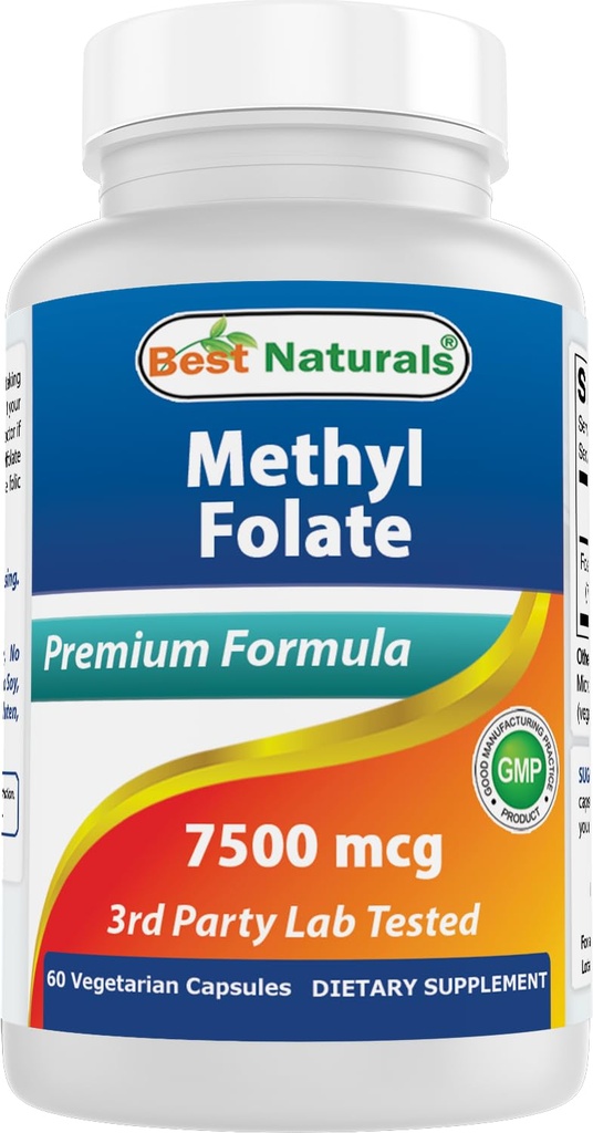Best Naturals Methyl Folate 7500 mcg (7.5mg) (Meest Bio-Beschikbaar) Veggie Capsule - Ondersteunt Cell Formation Groeifunctie, Hersenen, Geheugen, Cardiovasculaire Gezondheid, 60 Tellen