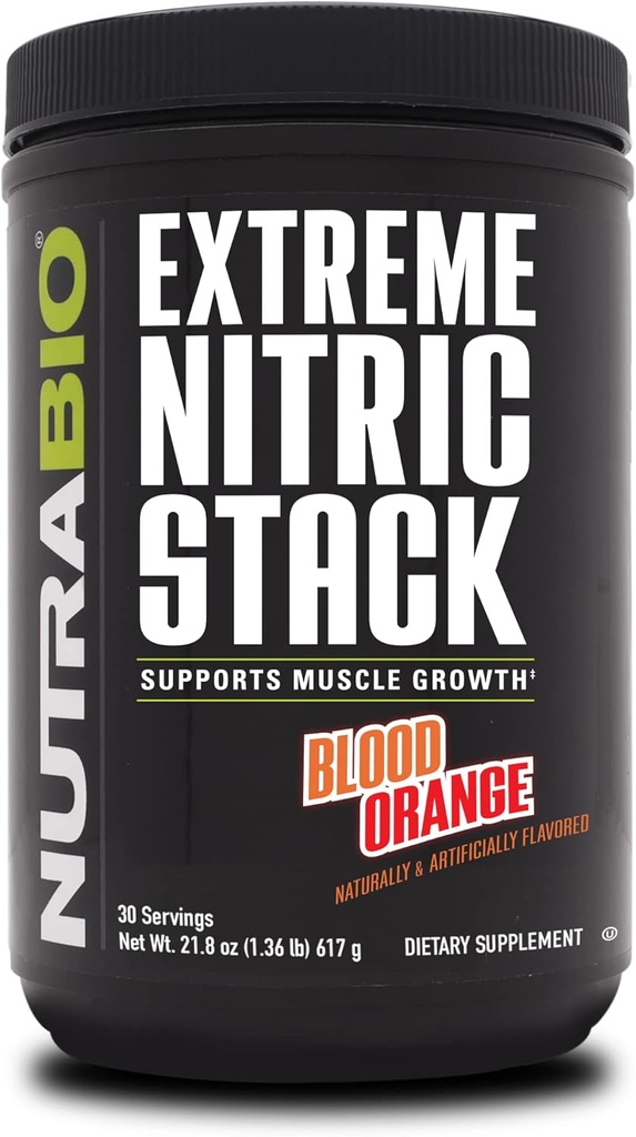 NutraBio Extreme Nitric Stack, Nitric Oxide en Cell Volumizing Formula- 30 Servings (Blood Orange)