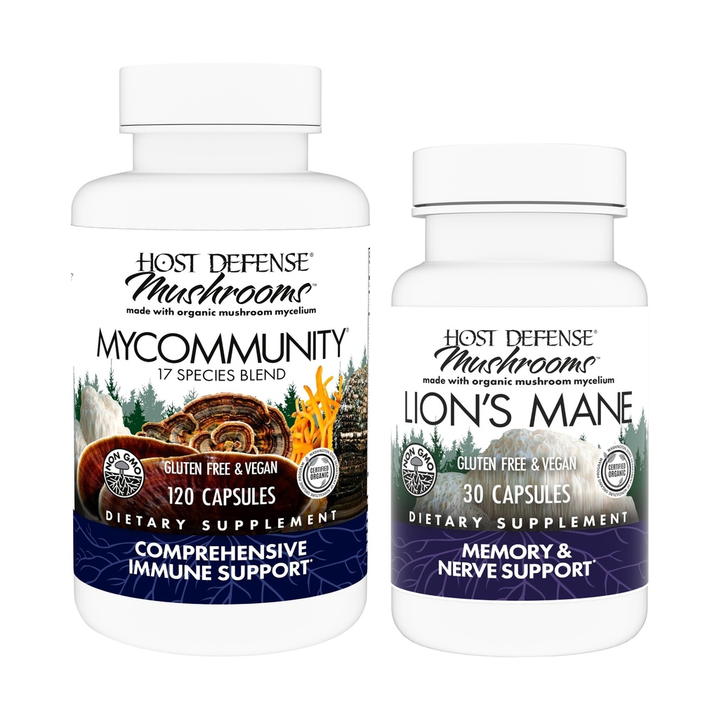 Host Defense MyCommunity Capsules, 120 Count & Lion's Mane Capsules, 30 Count - Ondersteuning Immune Health with 17 Species Mushroom Blend - Support Brain Health, Memory & Focus