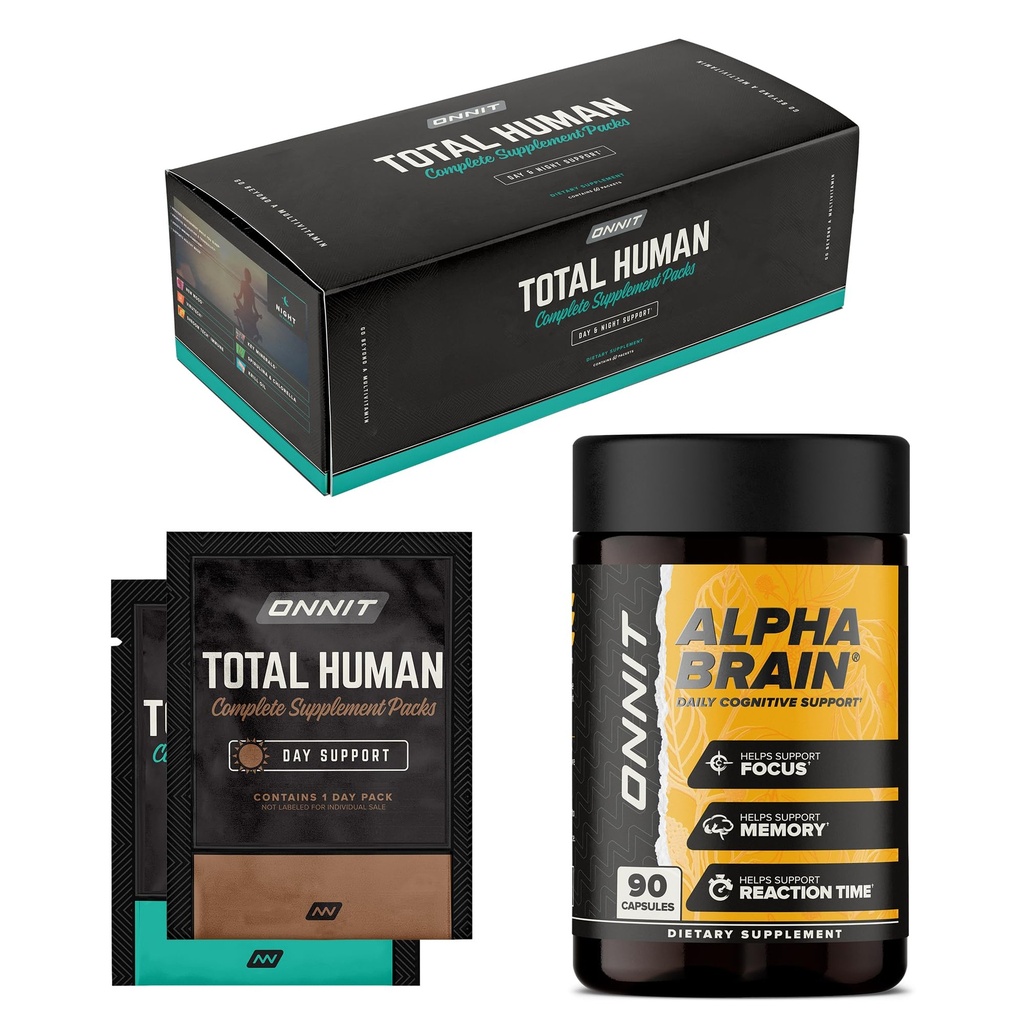 ONNIT Premium Alpha Cerveau Bundle - Supplément Cerveau Nootropique (90 Nombre) pour Focus, Concentration et Mémoire + Total des trousses de vitamines de jour et de nuit pour hommes et femmes (30 jours)
