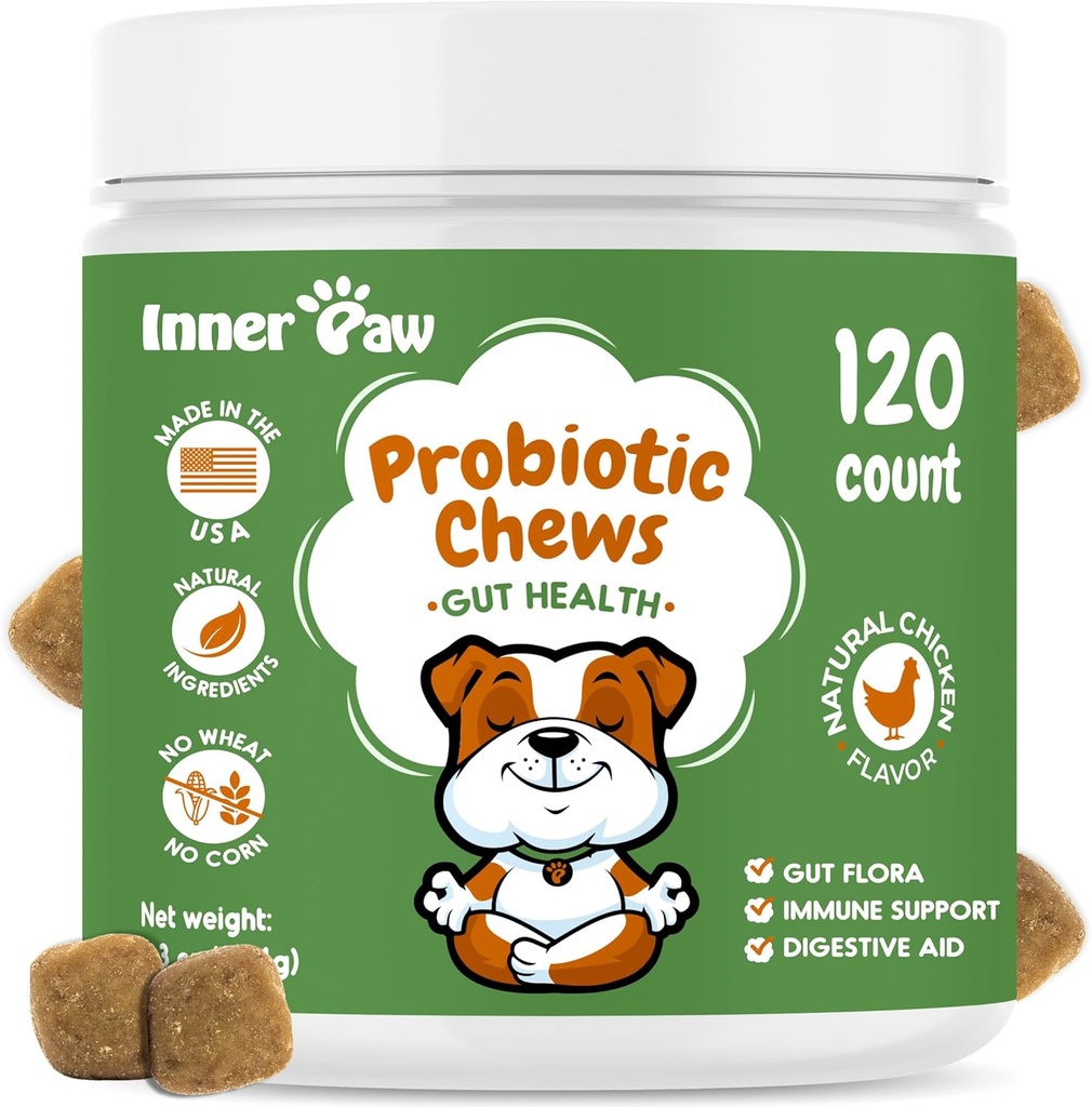 Inner Paw Probiotica voor honden, spijsverteringsenzymen & Prebiotische formule voor Gut Health, Hondenprobiotica voor diarree, Bowel & Immune Ondersteuning, Kip smaak, 120 Zachte Kauwen