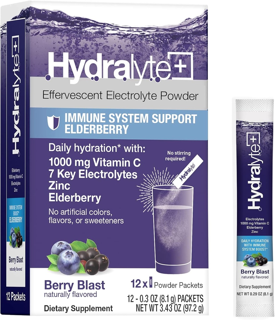 Hydralyte Electrolytes Plus Immunity, Elderberry - Poudre de réhydratation rapide à faible teneur en sucre - Poudre d'électrolyte légèrement étincelante avec 1000 mg de vitamine C et 300 mg de fraisier (8oz servir, 12 comte)
