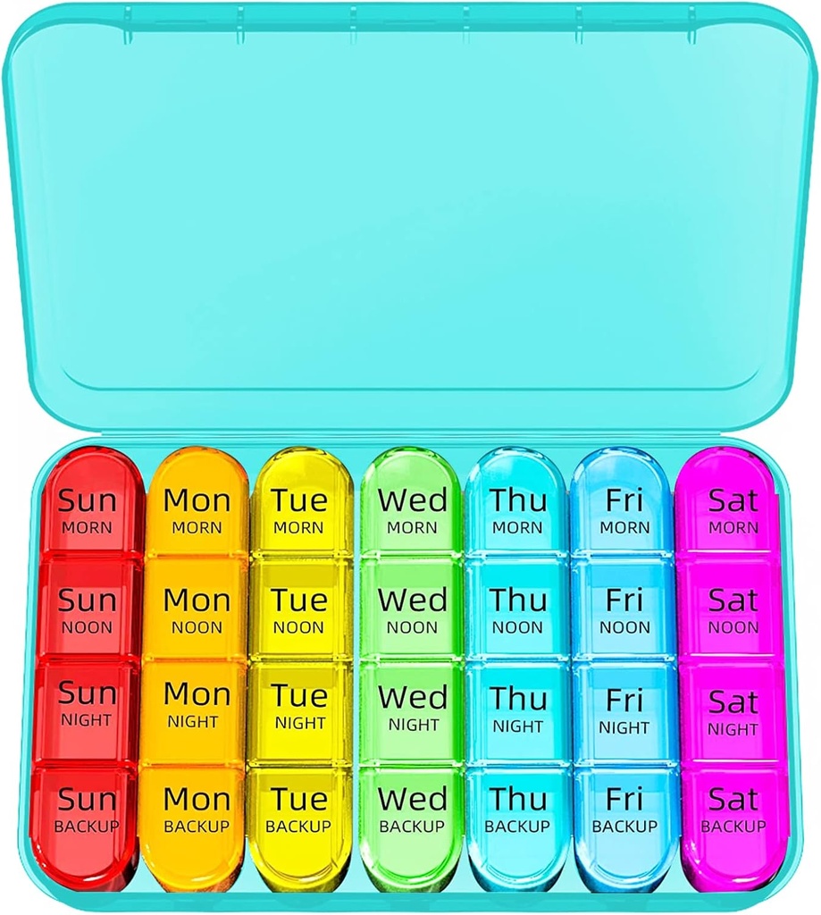 Odaro Weekly pil Organizer 4 keer per dag, Dagelijkse pil doos 7 dagen, Grote reis pil geval met 28 appartement om medicijnen, vitamine en supplement vast te houden - Cyaan geval