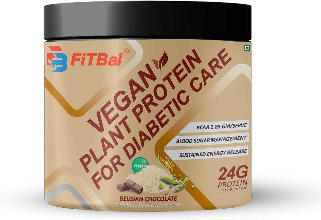Belgian Chocolate Vegan Plant Protein Powder for Diabetic Care 250 Gram (7 Servings) Serving Quantity-33G 24G Proteine Per Serving, Glutamine - 3,32 Gm