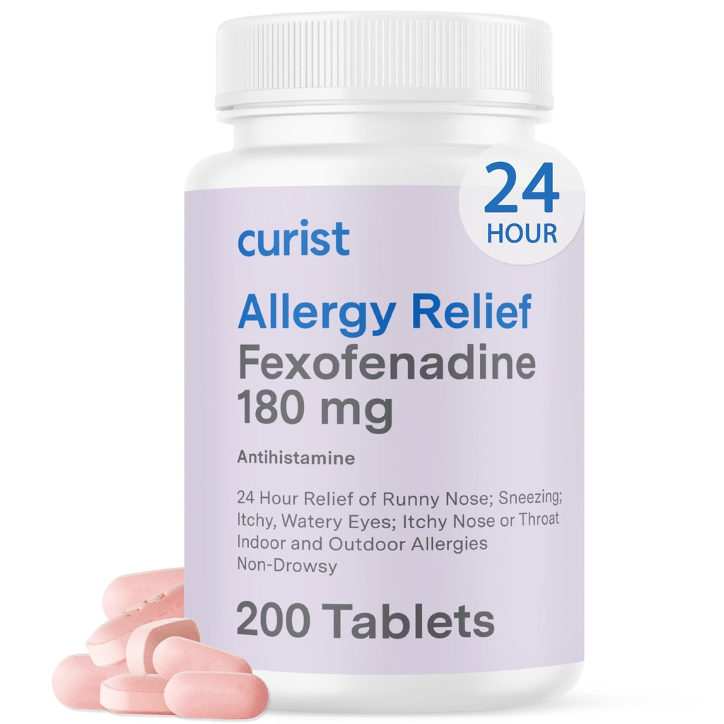 Chlorhydrate de Fexofenadine Curiste 180mg (200 comprimés) Médicaments antiallergiques non somnolents - 24 heures sur 24 pour soulager l'allergie pour le nez runny, les yeux démangeaisons et la gorge - comprimés antiallergiques (200 comte)