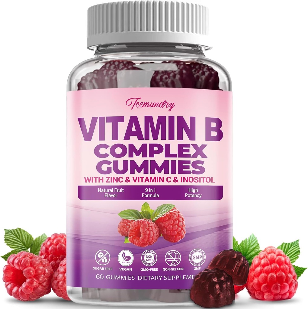 Suikervrije vitamine B Complex Gummies voor vrouwen - Vegan b Vitaminen Complex met Methyl B12, Methylfolaat - Plus Vitamine C, Zink, Inositol - Ondersteunt Energie, Immune, Gezond Haar, Huid (60 Tel.)