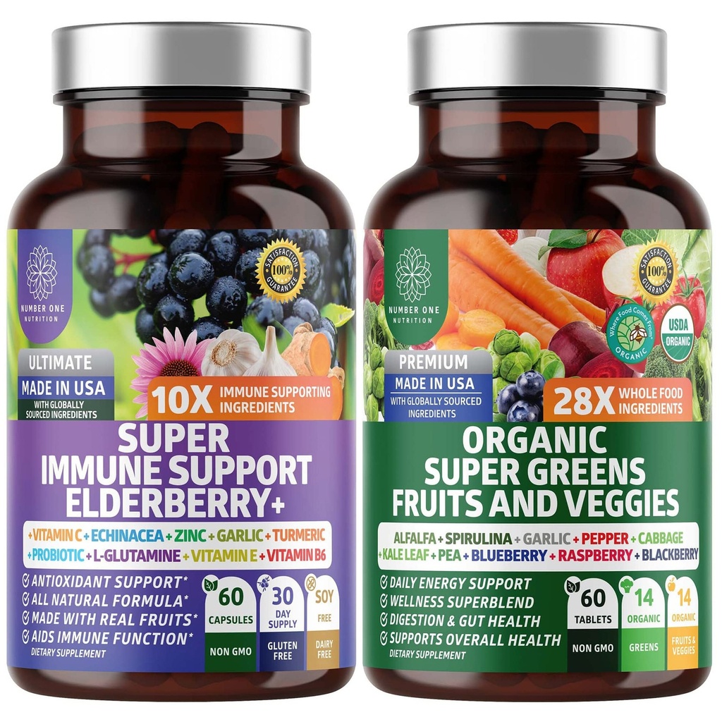 N1N Premium Bio Super Fruits & Veggies + Immune Support [38 Ingrédients puissants], Supplément Naturel Super Verts avec Alfalfa, Vitamines & Minéraux, Zinc, Turmérique et Probiotique, 120 Caps