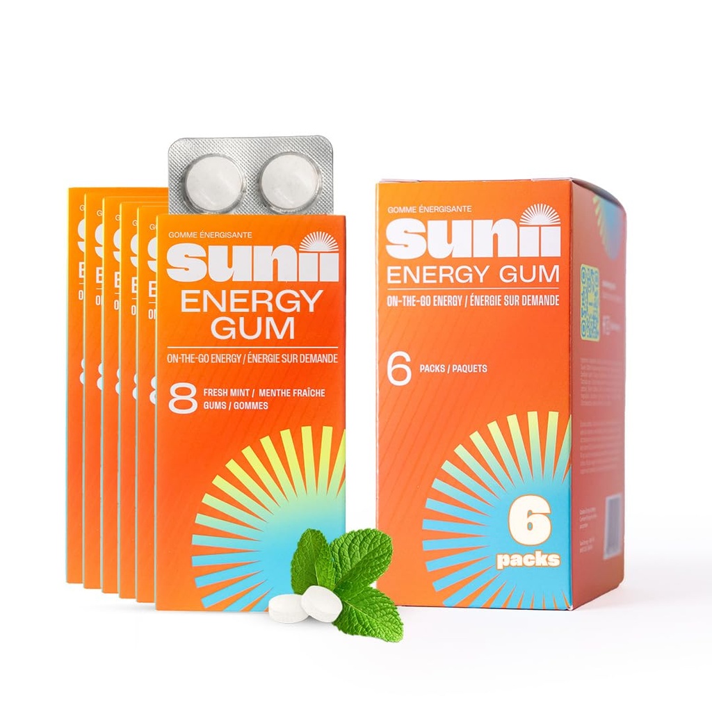 Sunii - Energy Gum - NIEUW Quick Boost Energy & Focus - 50mg Cafeïne Gum -Vitamins B6 & B12, Taurine, Vegan, No Sugar, Zero Calorie, Fresh Mint Taste - Sneller dan Kauwen, Dranken, Gels & Pills (48st)