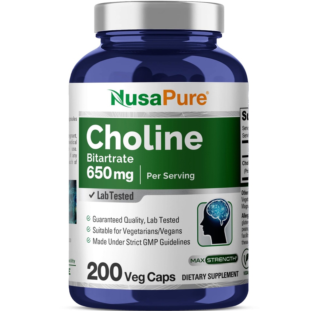 NusaPure choline Bitrate 650 mg 200 Veggie Capsules (Vegetarisch, niet-GMO, veganistisch)