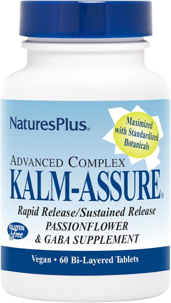 Natures Plus Kalm-Assure - 60 comprimés bi-layered - Soutient la détente avec Passionflower, GABA, Camomile & Magnésium - Sans gluten et végétalien - 60 portions