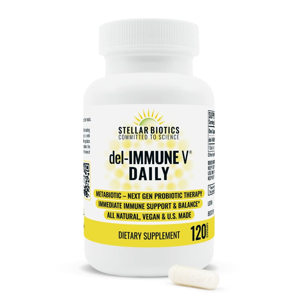 Del-Immune V® Daily by Stellar Biotics, All Natural Immune Support & Gut Health, Immediate Care, Metabiotic: NextGen Probiotic Therapy (120 Caps)