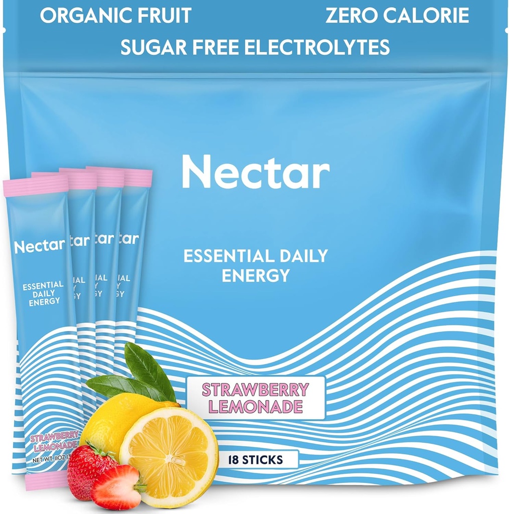 Booster d'énergie Nectar - Caféine biologique, B12 et électrolytes - Sans sucre et sans calories – Café sain, boisson énergétique et substitut de soda – hydratation et supplément énergétique (Straw. Lemonade 18 Packets)