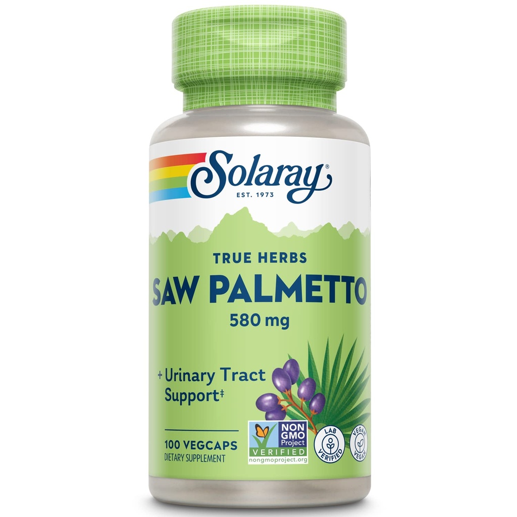 SOLARAY Saw Palmetto Berry 580 mg, gezonde prostaat en urinetrek Steun van vetzuren en plantaardige sterolen voor mannen en vrouwen, niet-GMO, Vegan & Lab geverifieerd, 100 VegCaps, 100 porties