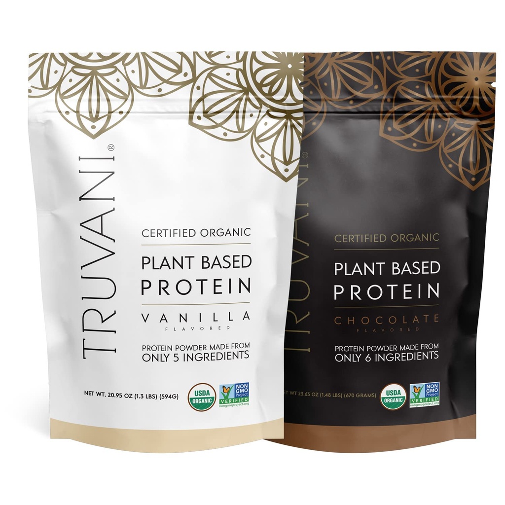 Truvani-eiwitpoeder op basis van planten - USDA Gecertificeerd biologisch, veganistisch, niet-GMO, zuivelvrij, sojavrij en glutenvrij - 2 verpakkingen van 20 porties per stuk (chocolade en vanille)