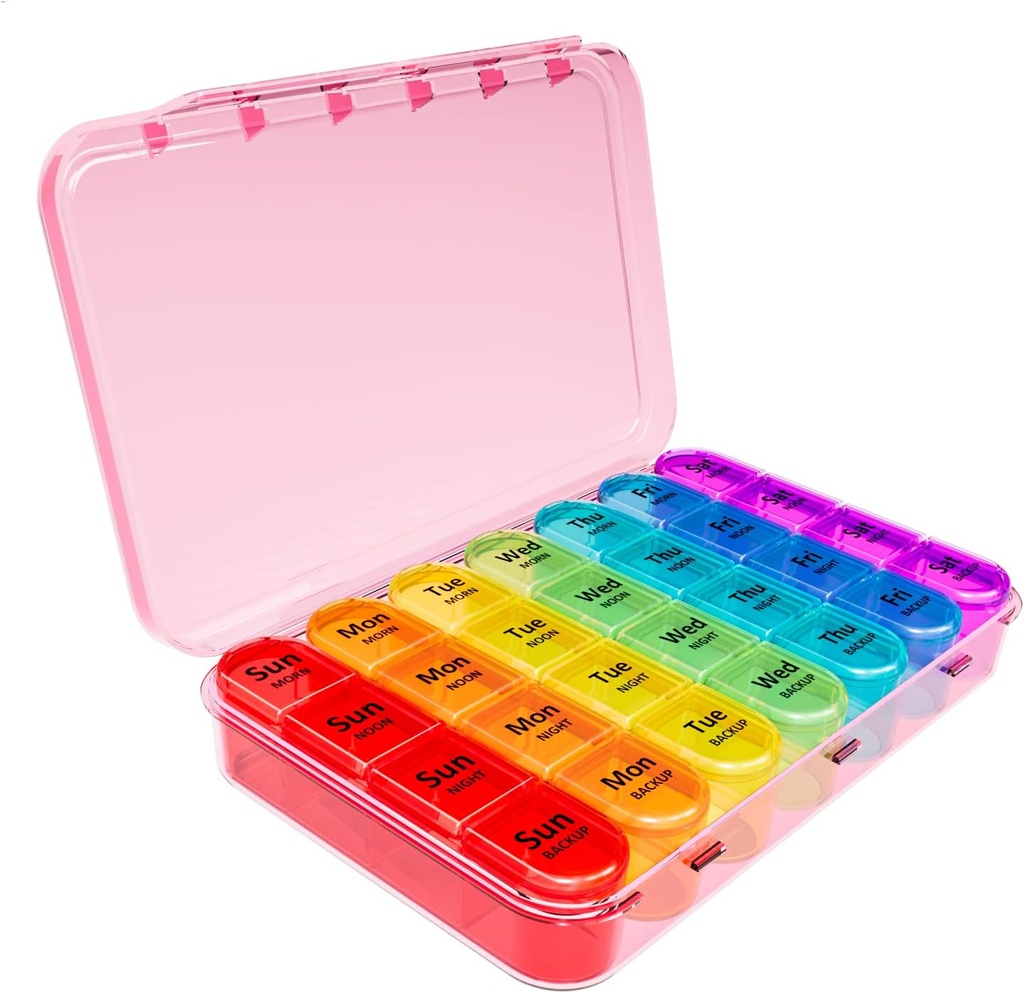 Daviky Weekly Pillen Organisator, 7 dagen Pillen Organisator 4 keer per dag, Dagelijkse Pillen Doos 7 Dag, Grote Reis Pillen Doos met Verwijderbare Pillen Case om Vitamine, Supplement en Medicatie vast te houden (Roze)