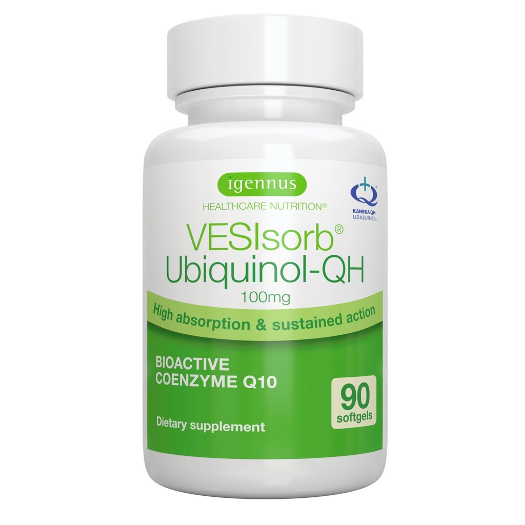 Igennus Advanced VESIsorb Ubichinol 100mg 90 Softgels, 600% Biobeschikbaarheid, Snelwerkend water-oplosbaar Co-enzym Q10 Supplement voor energie en hart, 3-maand levering