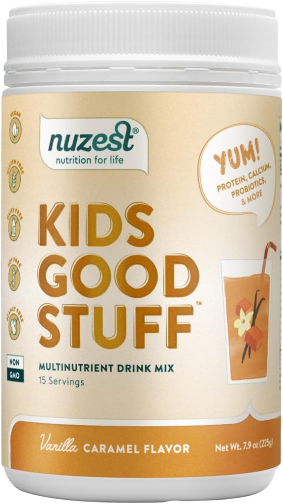 Nuzest - Enfants Bonnes farces - Mélange végétalien de smoothie - Vanilla Caramel - Multivitamine Supplément nutritionnel Secous protéinique - Sans lait - Soutenir la croissance et le développement - 225g/ 7,9 oz (15 portions)