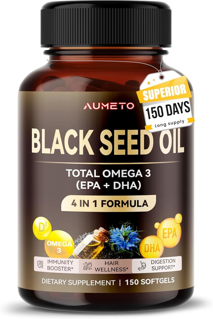 Biologische Black Seed Oil - 150 Softgel - 100% Cold Pressed Bron van Omega 3 (EPA + DPA) - Huid, haar, Immune Ondersteuning (150 Tellen (Pack of 1))