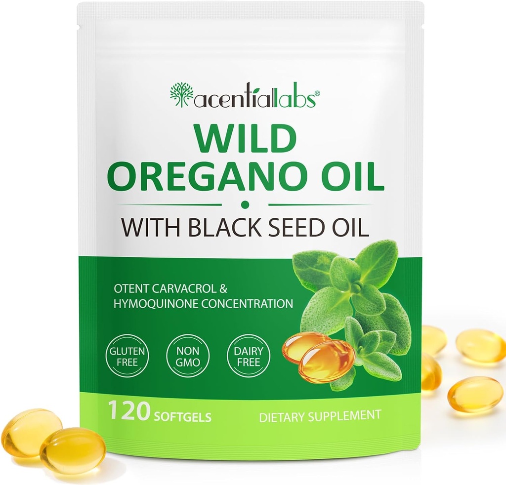 Olie van Oregano Softgels, 120 Graaf Oregano Oil Supplement Capsules, 2 in 1 6000mg Olie van Oregano met Zwarte Zaadolie 200mg, Biologische Oregano Oil Extract, Non-GMO, Glutenvrij