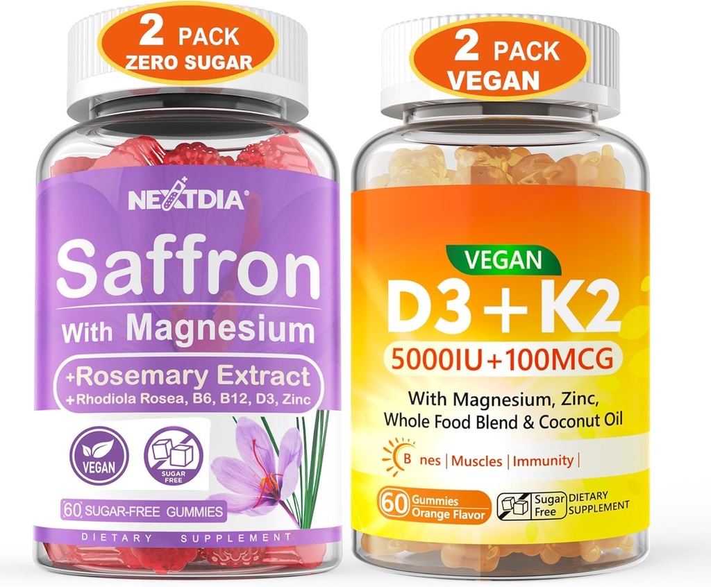 2Pack Saffron Supplementen Gummies + 2Pack Vegan Vitamine D3 5000IU K2 Gummies, Whole Food Blend, Kokosolie, Magnesium