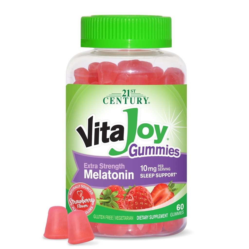 VitaJoy Melatonin Gummies 10 mg Extra Strength – Supplément de soutien du sommeil, Fraise, Pectin-based, Végétarien, Sans gluten, 60 Gummies (30 portions)