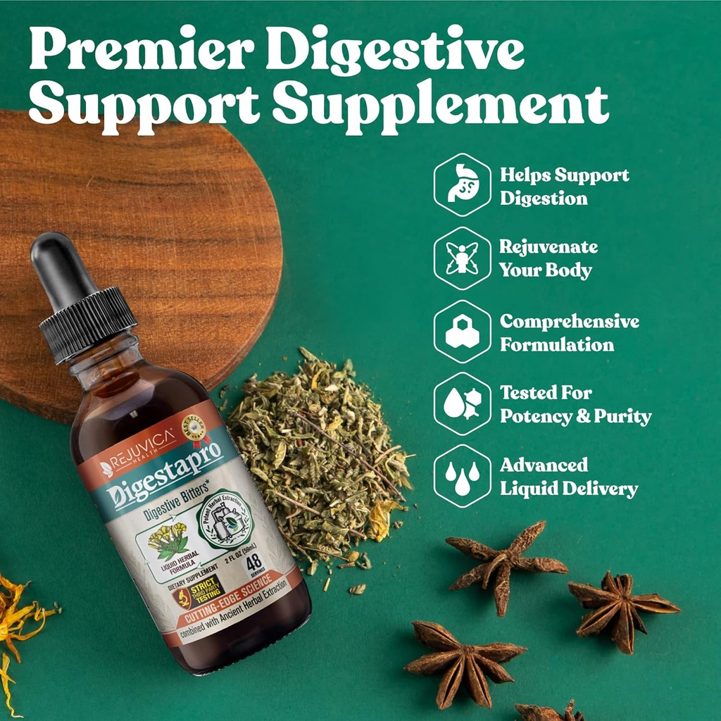 Rejuvica Health DigestaPro - Advanced Digestive Bitters Supplement - vloeibare levering voor betere absorptie - Gentian, Artichoke, Burdock, Chanca Piedra, Ginger & Meer! ...