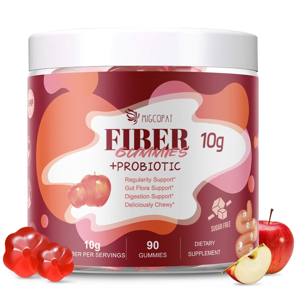 Gommies de fibre avec probiotiques,10G Fibre par portion sans sucre ajouté Saveur de pomme, avec mélange de probiotiques CFU de 10 milliards, vinaigre de cidre de pomme, vitamine C, inuline, soutien bluffant 90 Compte