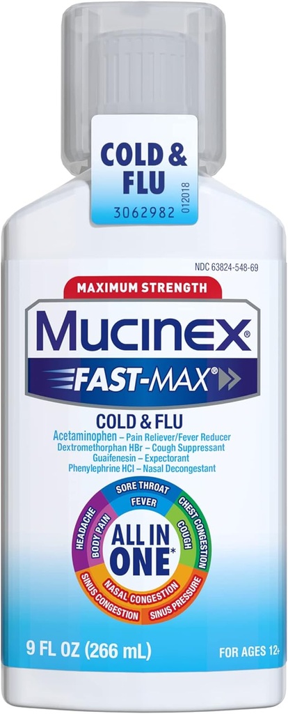 Mucinex Fast-Max Maximale sterkte All-in-One Cold & Griep, 9 oz Fles, voor gebruik op hoofdpijn, pijn in het lichaam, pijnlijke Throaters, Fevers, borstcongestie, hoesten, nasale/sinuscongestie, en Sinusdruk