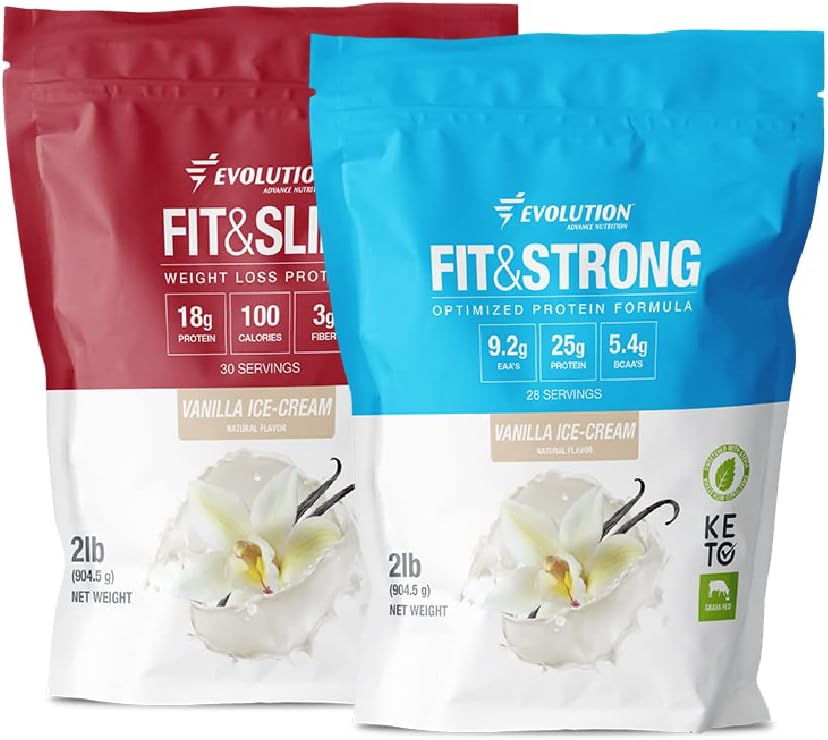 Evolution Advance Nutrition Grass Fed 100% Whey Protein Powder + Fit & Slim avec Glucomannan, Inulin Fibre – Haute Fibre, Haute Protéine, Pure, Keto Approuvé, Non OGM, Stevia Sweetened – 2 Pack