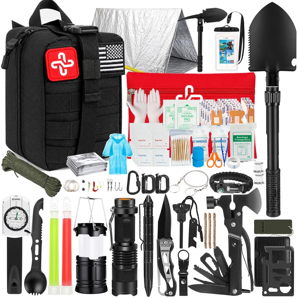 Kit de survie, 250Pcs Trousse de premiers soins pour équipement de survie avec système Molle compatible Sac et tente d'urgence, Kit d'urgence pour tremblement de terre, Aventure en plein air, Randonnée, Chasse, Cadeaux pour hommes Femmes