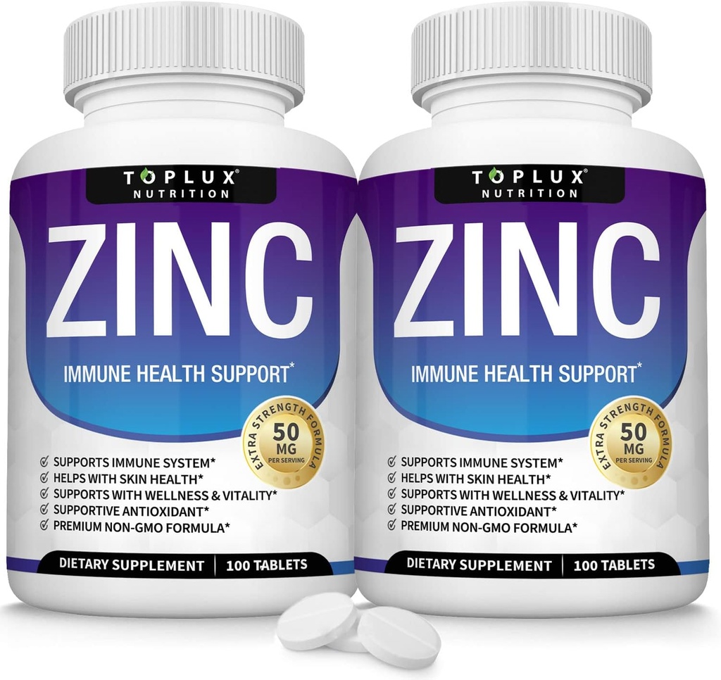 Zink Supplement 50mg voor Immuun Ondersteuning Puur natuurlijk zink Oxide om Boost Immuun System, Skin & Antioxidant Support, High Potency Immunity Booster, voor mannen Vrouwen, 100 tabletten