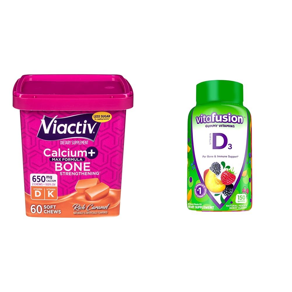 Supplément Viactiv Calcium + Vitamine D3 Chews, Caramel, 60 Chews - Supplément Calcium Dietary & Vitafusion Vitamine D3 Vitamines Gummy pour le soutien du système osseux et immunitaire, Pêche, Blackberry
