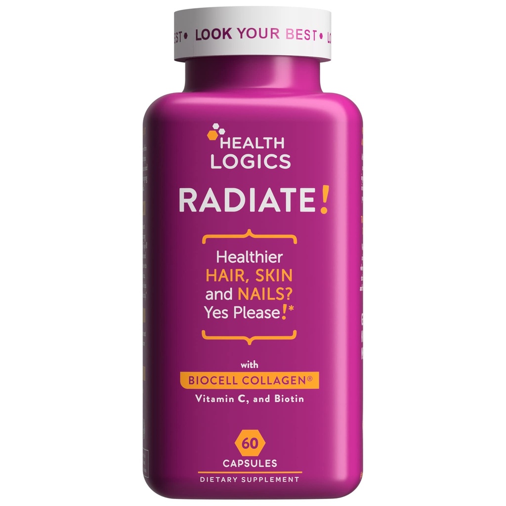 Les logiques de la santé rayonnent : peau des cheveux et ongles avec biotine, collagène BioCell, vitamine C, acide hyaluronique.