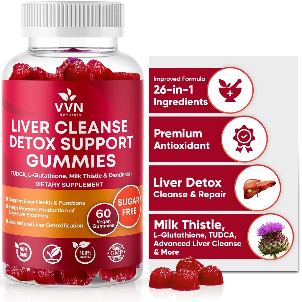 VVNaturals Sugar-Free 26-in-1 Lever Reiniging Ontgifting & Reparatie Fatty Liver Formula Gummies; 3000mg Blend van Glutathion, Silymarin Milk Thistle, Choline, TUCCA 