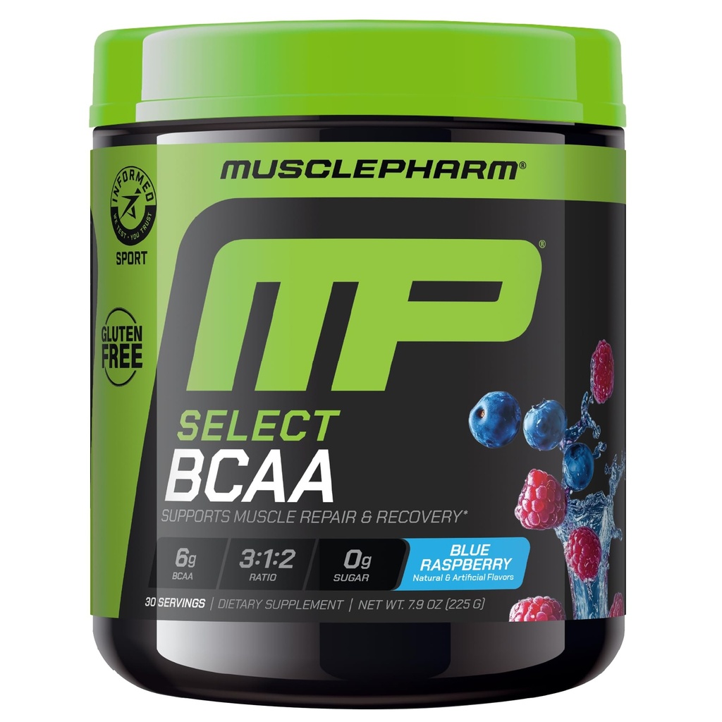 MusclePharm Essentials BCAA Powder, Pre & Post Workout Recovery Drink, Ondersteunt Muscle Recovery & Energy Production, Essentiële Aminozuren Supplement, 30 Servers, Blue Raspberry Flavor