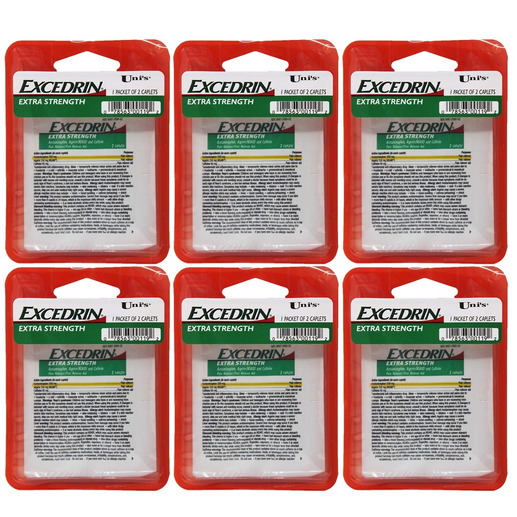 Uni Excedrin Extra Strength 6 Comptez un simple soulagement de dose 2 caplets dans chaque paquet. Aide à soulager les maux de tête, les dents, les maux de dos, les crampes menstruelles, le rhume et les douleurs musculaires.