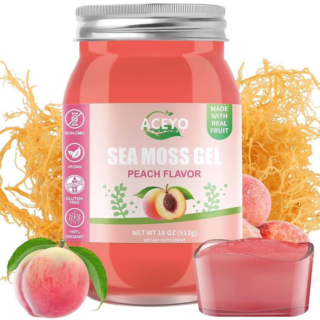 ACEYO (18 OZ) Irish Sea Moss Gel Biologische Raw Vegan Peach Smaak 102 Vitaminen en Mineralen Wild Geoogst Non-GMO Immune Defense Booster Thyroid Digestieve Ondersteuning