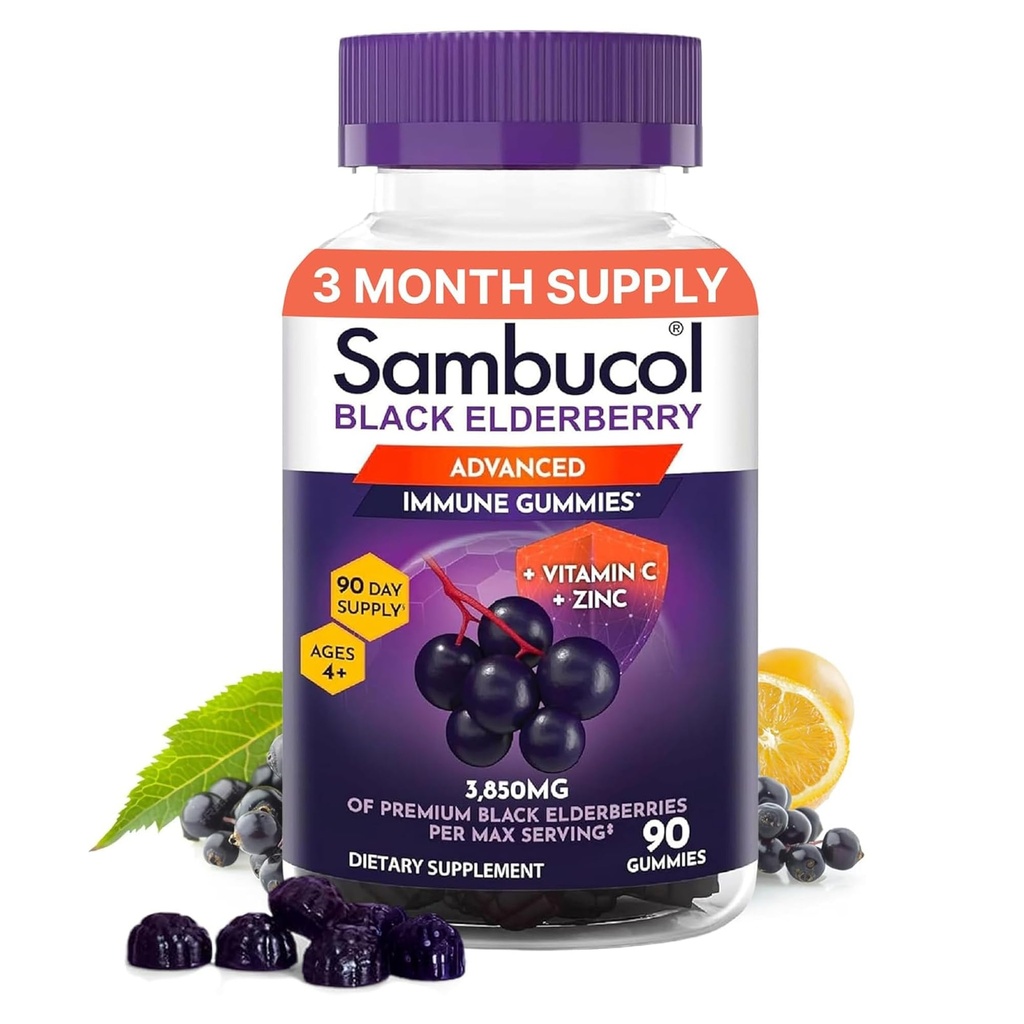 Sambucol Gummies pour les adultes avec la vitamine C; Zinc; Sambucus Gummies pour les baies âgées pour le soutien immunitaire avec des antioxydants élevés; Sans gluten; Vegan; 1 Gummy par portion; 90 Compte (90 jours)