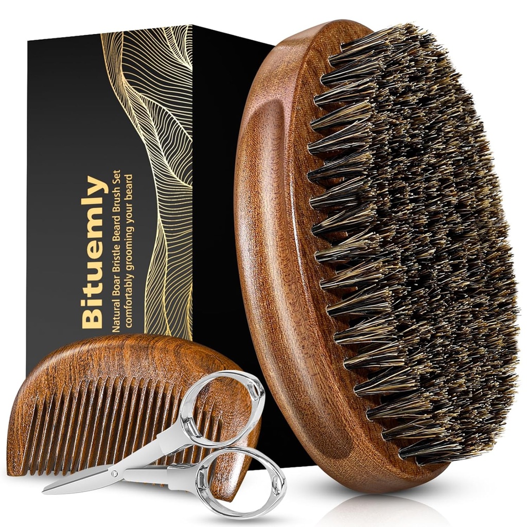 Baardborstel, Natuurlijke Boar Bristles Baardborstel voor mannen en Houten Sandalwood Pocket Baard Comb Set, Gezichtshaar Grooming Kit met snor Schaar als een Styling Tool, Groei, Ontwarring, Shine