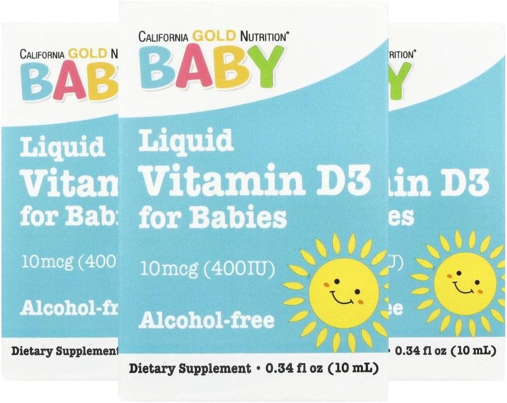 California Gold Nutrition Baby Vitamin D3 - Liquid D3 Supplement for Babies, Vegetarian Friendly - Developmental Support - Alcohol & Gluten Free, Non-GMO - 10 mcg (400 IE) - 0,34 fl oz (10 ml), 3