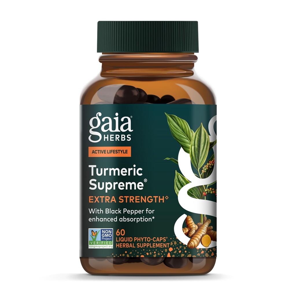 Gaia Herbs Turmeric Supreme Extra Strength - Supporte les désagréments occasionnels de l'usure normale et de la tear* - avec Curcumine curcuma et poivre noir - 60 Vegan liquide Phyto-Capsules (jusqu'à 60 jours)