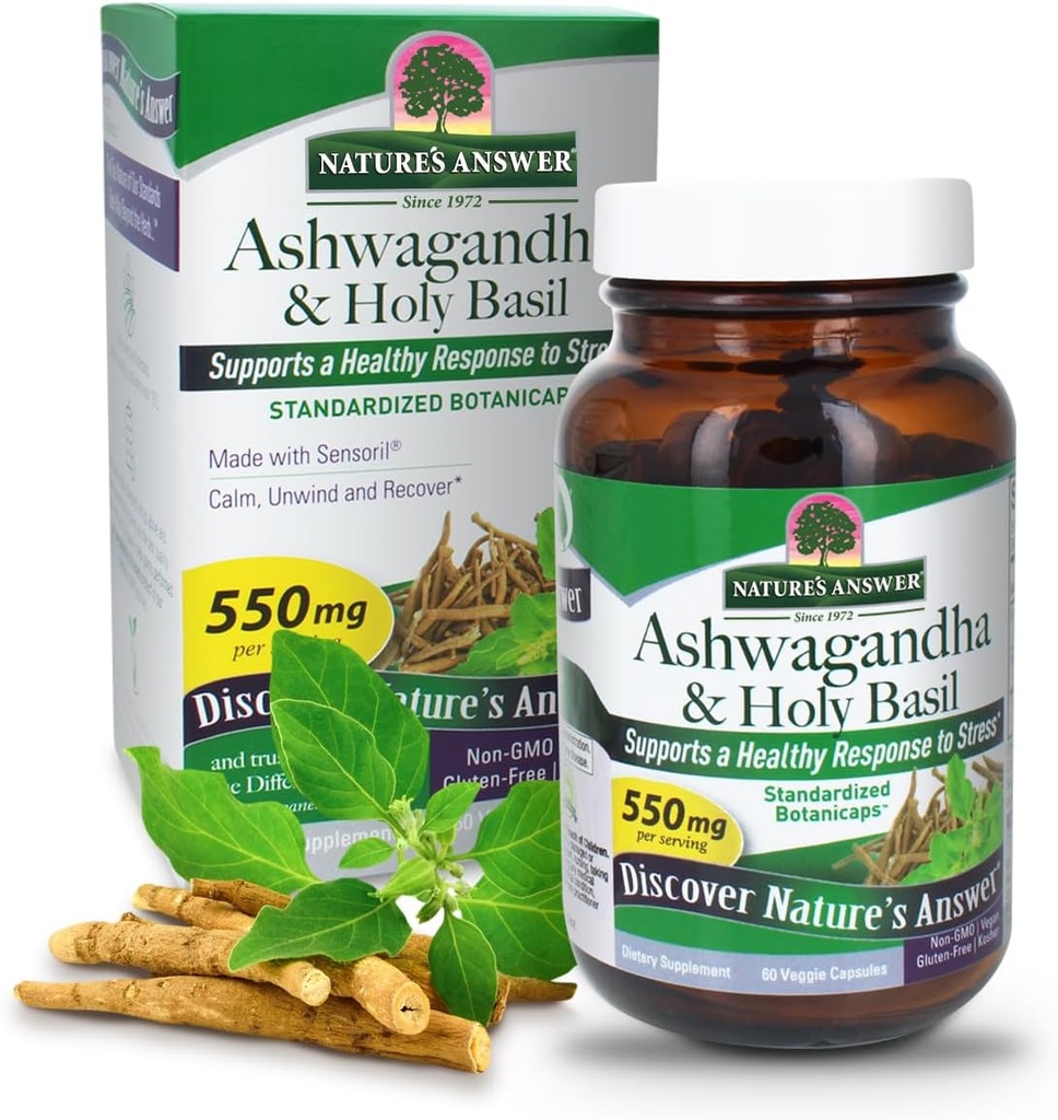 Antwoord van de natuur Ashwagandha Root met Heilige Basil 60 Capsules Ondersteunt een gezonde reactie op stress* 