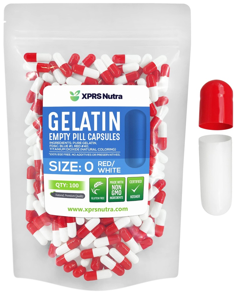 XPRS Nutra Taille 0 Capsules vides - 100 Compte Capsules de gélatine vides - Remplissage de la capsule de bricolage - Gel de pilules pures pour les suppléments Do-It-Youlf (Rouge/Blanc)