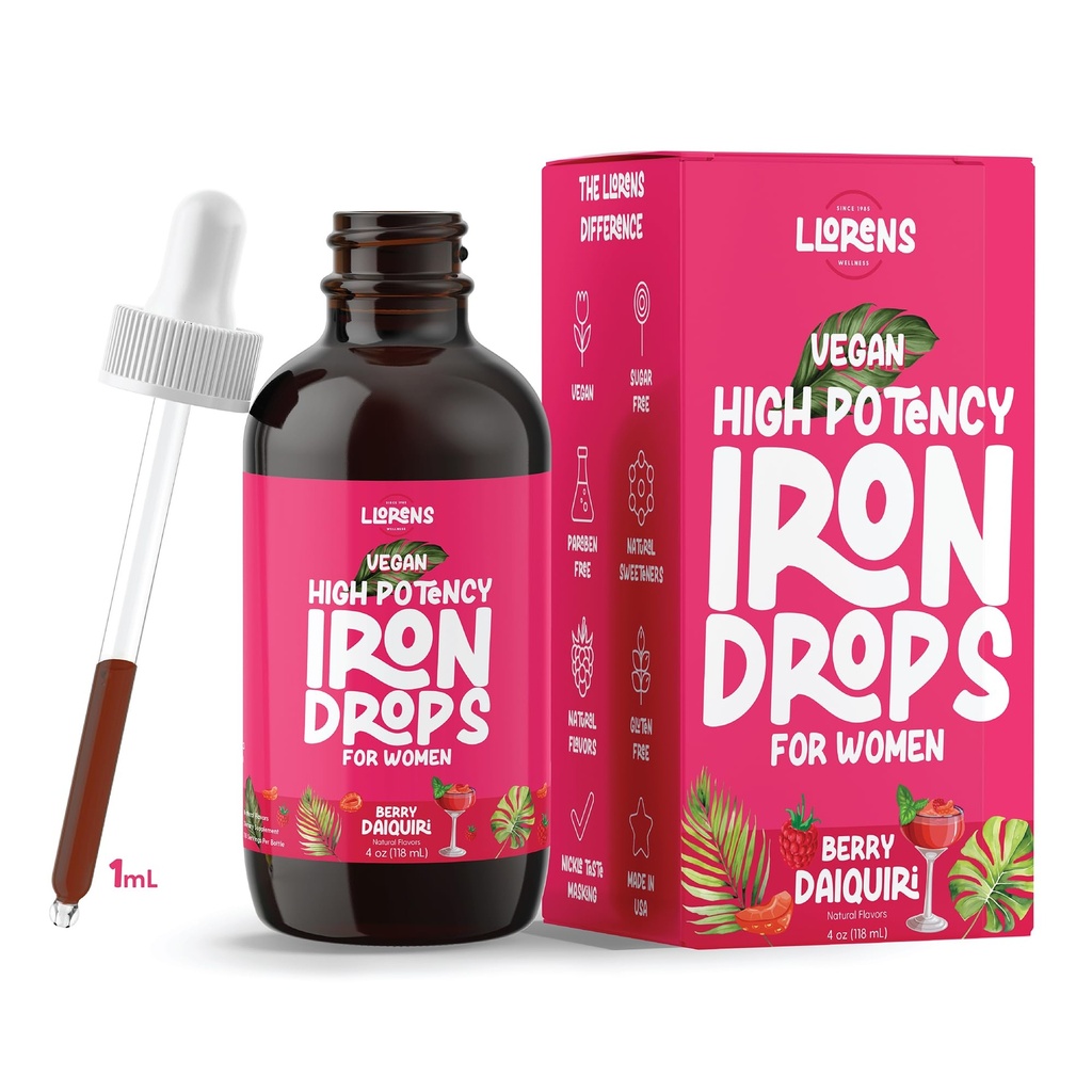 LLORENS FARMACEUTISCHE Iron Supplement voor Vrouwen IJzerdruppels Dagelijkse Ondersteuning, 20mg Polysaccharide Complex Gratis Proeverij, Natuurlijke Zoetstoffen, Vegan en Paraben Vrij (Berry Daiquiri, 4 Fl Oz)