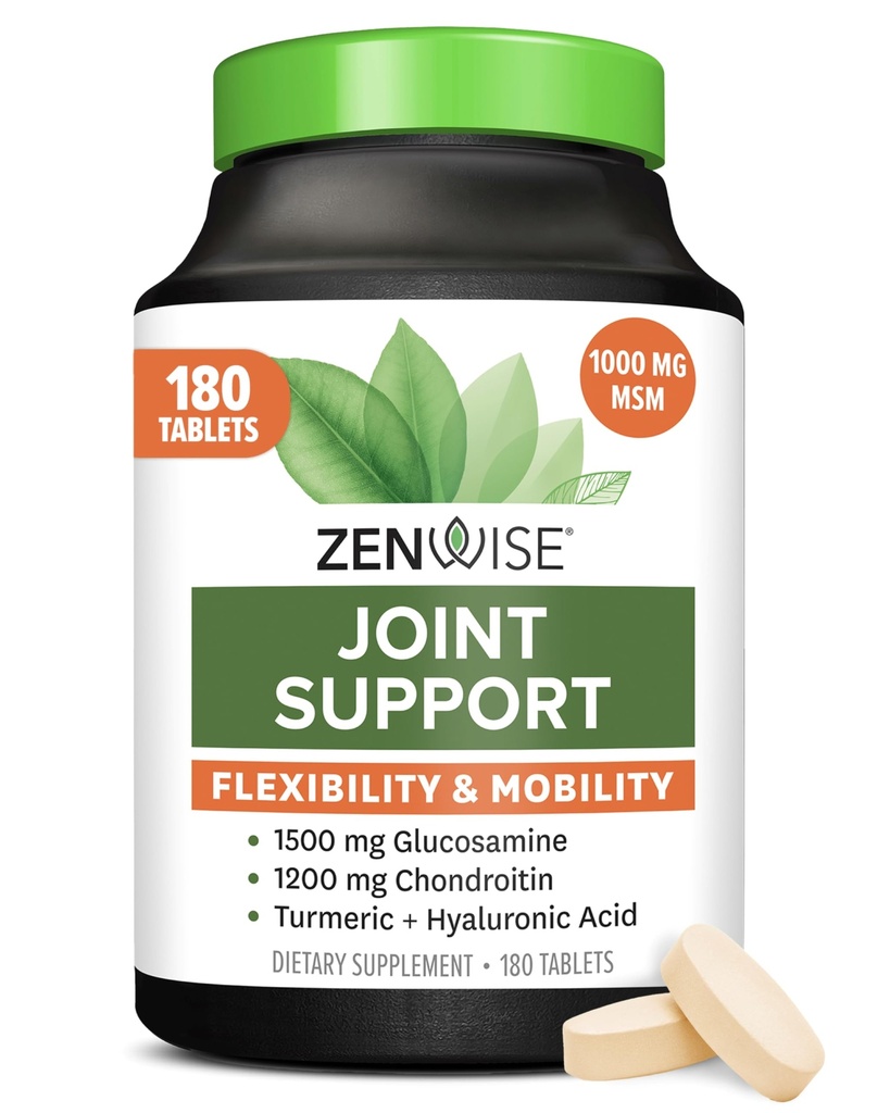 Zenwise Health Joint Support Complement with Glucosamine Chondroitin MSM, Curcumin & Sulfate - Santé conjointe pour les femmes et les hommes - Soutien à la mobilité et à la flexibilité du genou, du cartilage et des os - 180 Comte