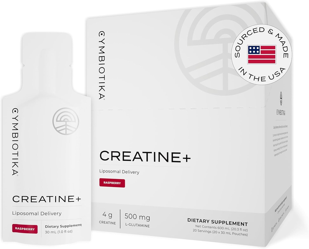 CYMBIOTIKA Creatine+, Creatine en Glutamine Supplement voor Amino Energie, Herstel, Spiermassa & Hersenen Ondersteuning, Liposomale Levering, Glutenvrij & Veganistisch, Raspberry Smaak - 30 ml Zakken (verpakking van 20)