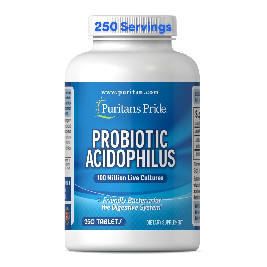 Puritan's Pride Daily Probiotic Acidophilus, 100 miljoen levende culturen, Dieetsupplement voor spijsverterings-, darm- en immuungezondheid, soja, natrium en glutenvrij, 8 maanden levering, 250 tabletten