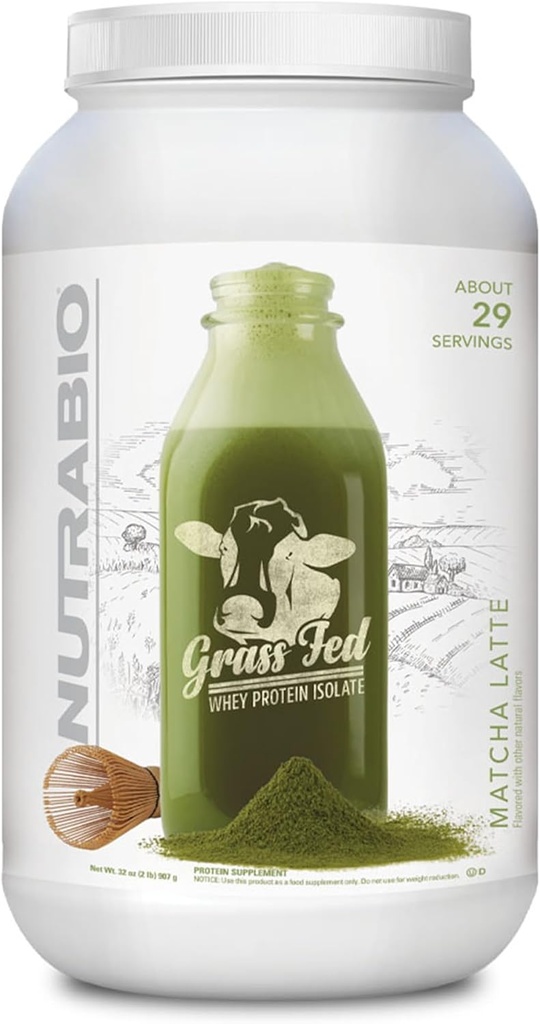 Poudre de protéines de lactosérum de l'herbe de NutraBio - 25G de protéines par scoop - Supplément naturel sans sucre de protéines musculaires maigres - Matcha Latte - 2 livres, 29 portions